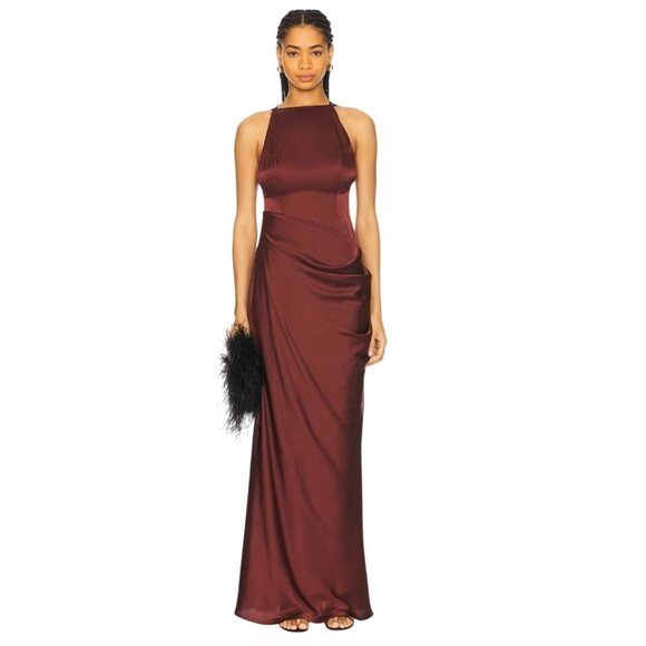 Ceren Ocak Satin Dress in Burgundy Small New Womens Long Maxi Gown - Picture 9 of 9